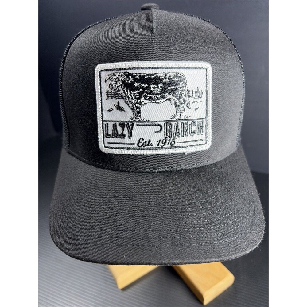 Lazy J Ranch Black & White Bull Trap 5 Panel Trucker Cap Mesh Nice!